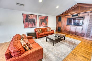 A living room with two couches and a television